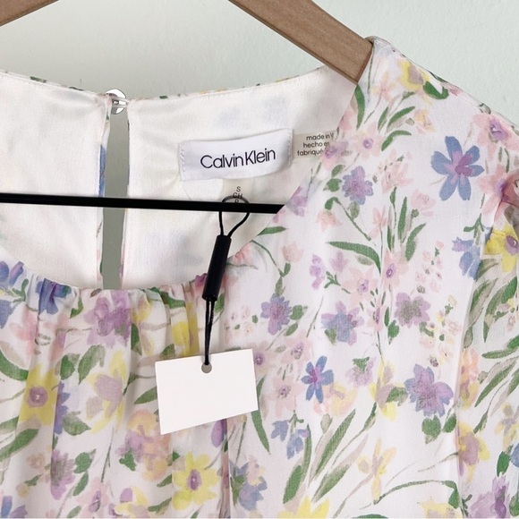 NWT Calvin Klein Printed Ruffle Long Sleeve Tie Waist Mini Dress - Picture 4 of 6